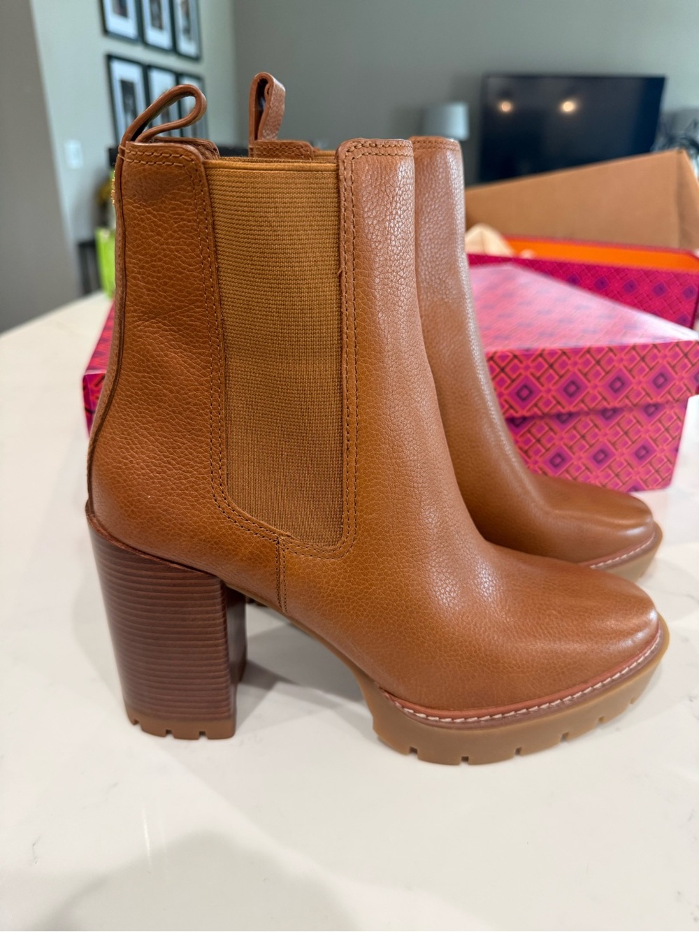 Tory Burch Cognac Leather Chelsea Block Heel Booties